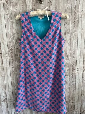 JB by Julie Brown Sleeveless Mini Dress in Blue and Pink Geometric Print Silk 2